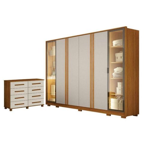 Guarda Roupa Casal Prime 6 Portas com LED com Cômoda San Marino 8 Gavetas Cinamomo Off White Leifer