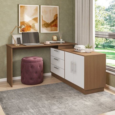 Mesa Escrivaninha com Cômoda com 3 Gavetas e 2 Portas American Marrom/Freijó com Branco