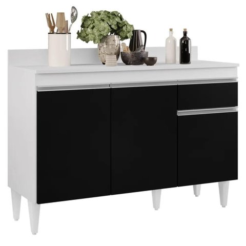 Balcão Gabinete 120cm com Tampo 3 Portas 1 Gaveta Arizona Branco/preto - Lumil Móveis