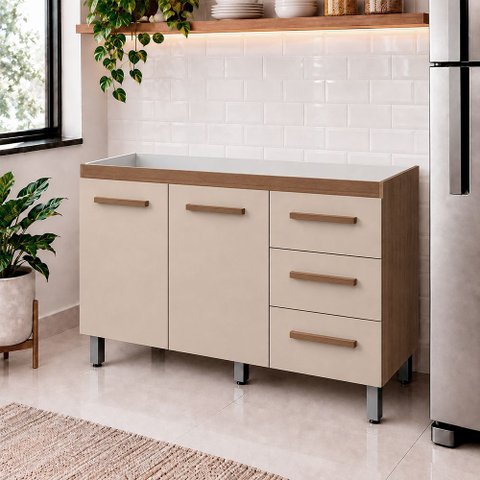 Balcão para Pia 120cm com 02 Portas e 03 Gavetas Bianca Savana Off White Moblis