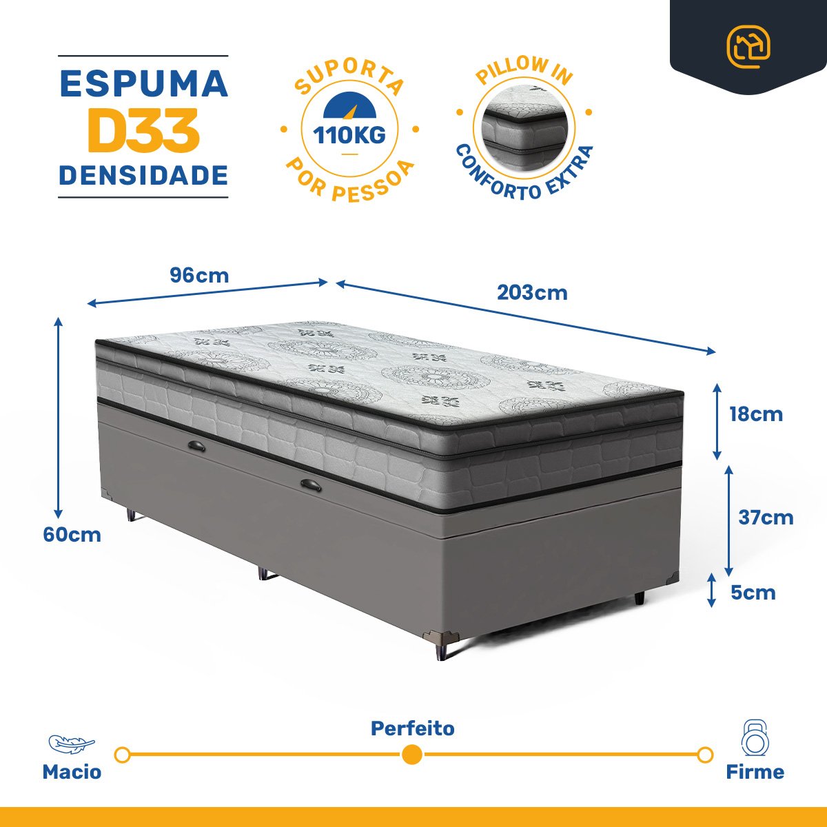 Cama Box Baú com Colchão Espuma D33 Pillow In Anjos Ortosleep Solteiro King 96x203x43cm Preto - 3