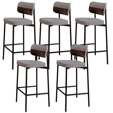 Kit 05 Banquetas Alta Bar Cozinha Sala de Jantar Aço Preto Kaira C01 Linho Cinza Courino Café -