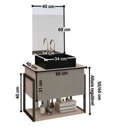Kit Gabinete Banheiro Completo Industrial Tech 60cm Madeirado/cinza- Cuba Preta - 2