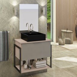 Kit Gabinete Banheiro Completo Industrial Tech 60cm Madeirado/cinza- Cuba Preta - 1
