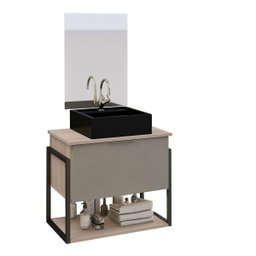 Kit Gabinete Banheiro Completo Industrial Tech 60cm Madeirado/cinza- Cuba Preta - 3