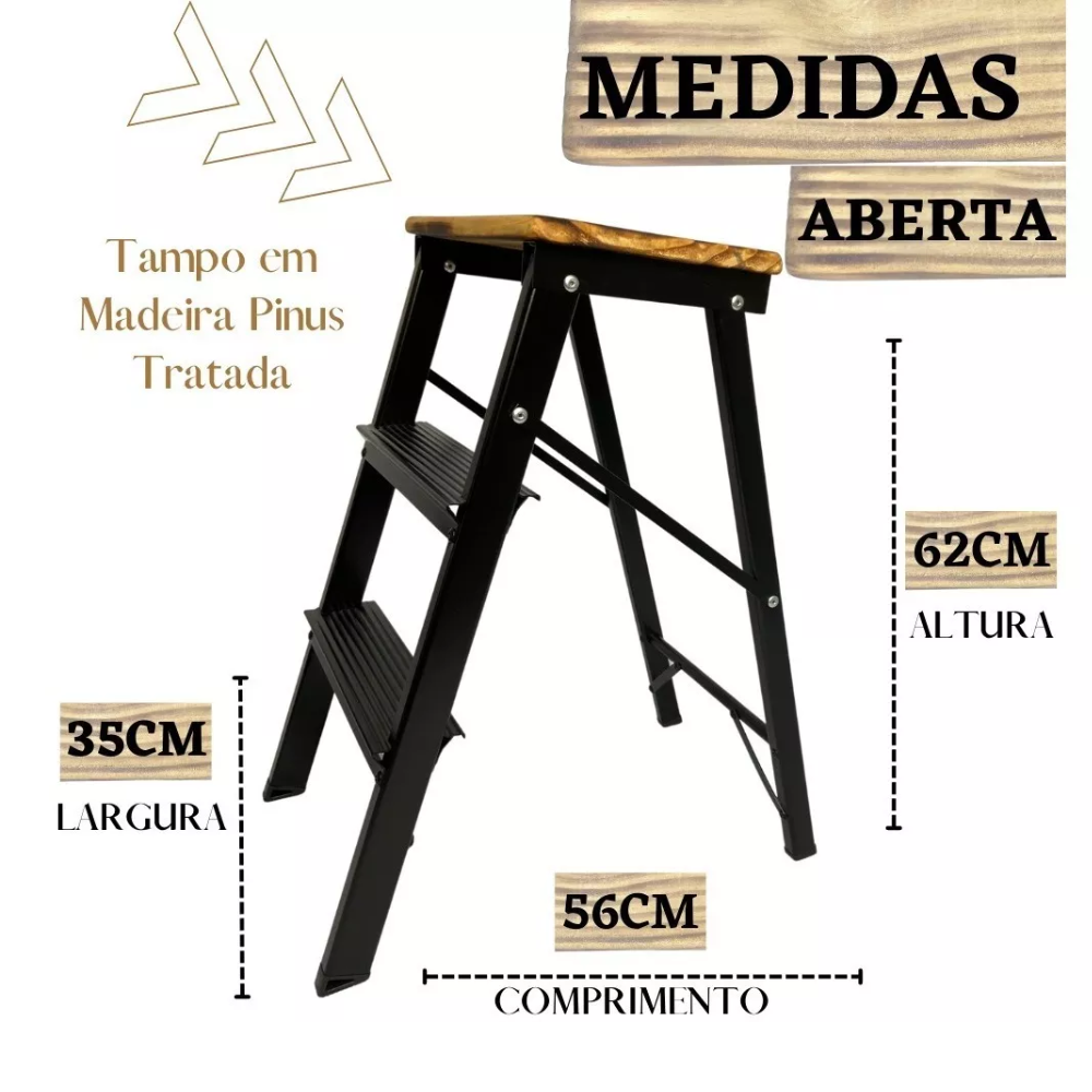 Escada 3 Degraus Retrátil Dobrável Vira Banquinho Doméstica - 7