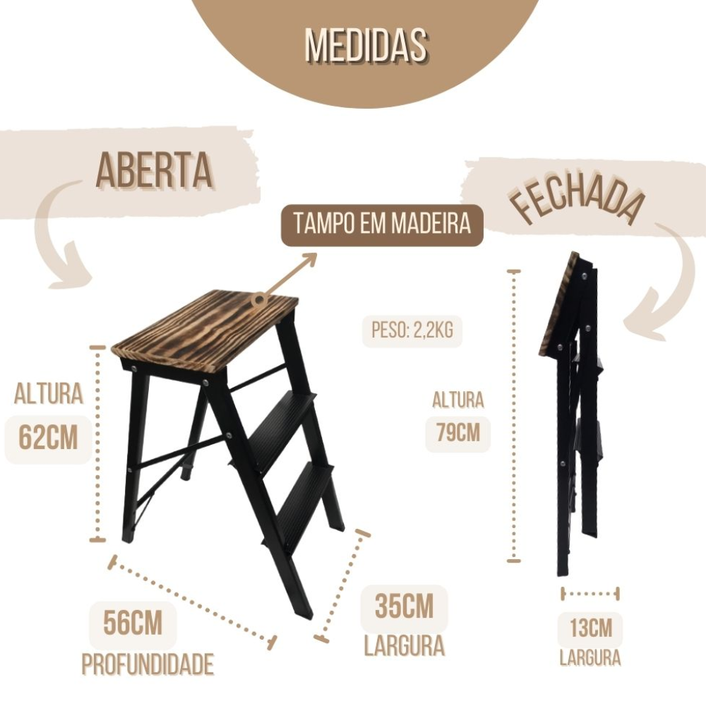 Escada 3 Degraus Retrátil Dobrável Vira Banquinho Doméstica - 4