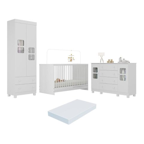 Quarto de Bebê Completo com Berço 3 em 1 com Colchão Incluso Sol Multimóveis Mp4546 Branco