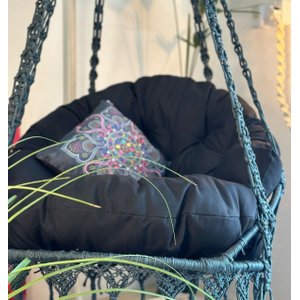 Cadeira Suspensa de Macrame Corda Náutica Cinza Escuro com Almofada Preta Rede para Dormir