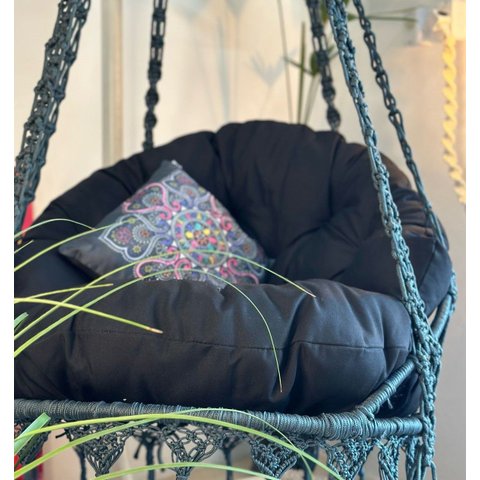 Cadeira Suspensa de Macrame Corda Náutica Cinza Escuro com Almofada Preta Rede para Dormir