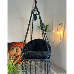 Cadeira Suspensa de Macrame Corda Náutica Cinza Escuro com Almofada Preta Rede para Dormir - 4