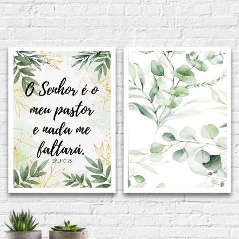 Kit 2 Quadros Evangélicos Salmo 23 24x18cm - com vidro:Madeira preta