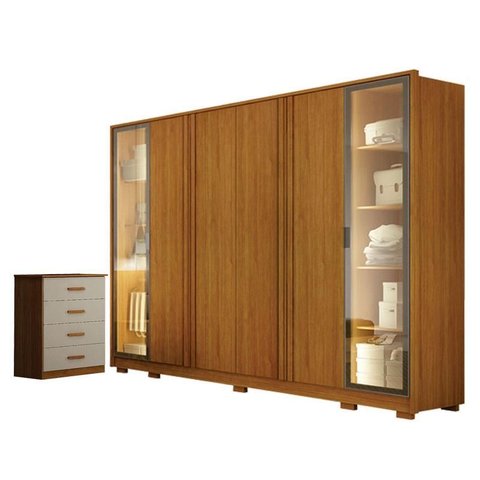 Guarda Roupa Casal Prime 6 Portas com Led Cinamomo com Cômoda Rubi 4 Gavetas Cinamomo Off-white – Le