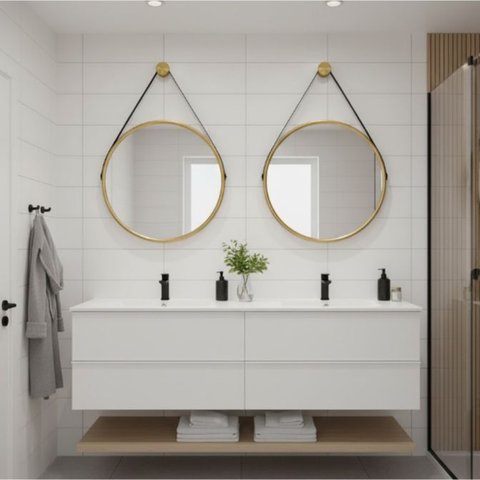 Kit 2 Espelhos Redondo Adnet Alça 60cm Suporte Premium Luxo - Dourado Alça Caramelo