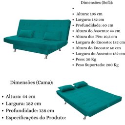 Sofá Cama Casal com Almofadas Gabriella Suede Azul Turquesa - 8