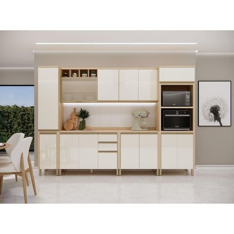 Cozinha Modulada Completa 6 Peças com Vidro Brise Lu 14 Portas 3 Gavetas Carvalho-Off White Pérola