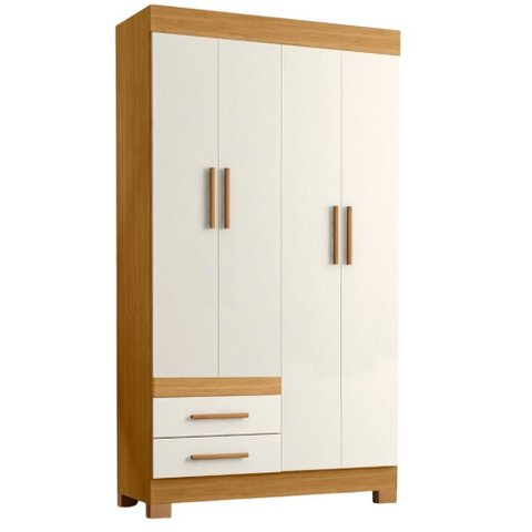 Guarda Roupa Solteiro 4 Portas 2 Gavetas 107 cm New Recife Freijo Off Acetinado Poliman