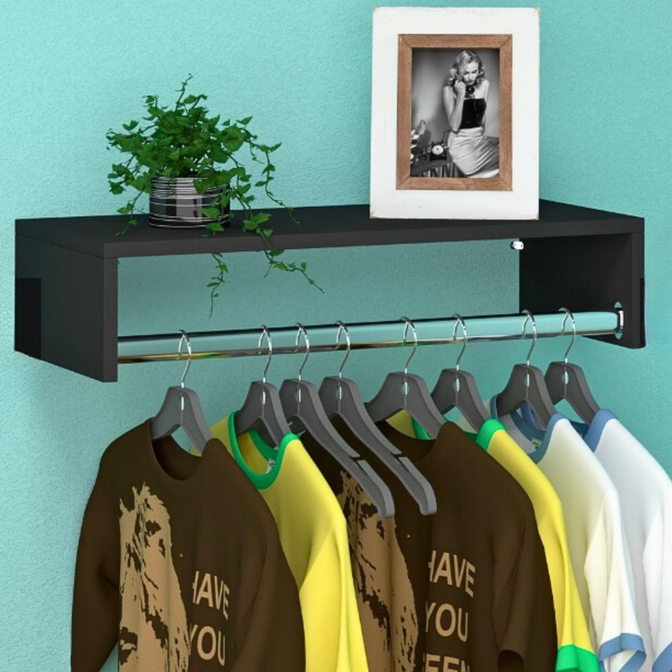 Kit 2 Cabideiro Aéreo Preto de Parede com Prateleira Porta Roupas Quarto Lavanderia - 8