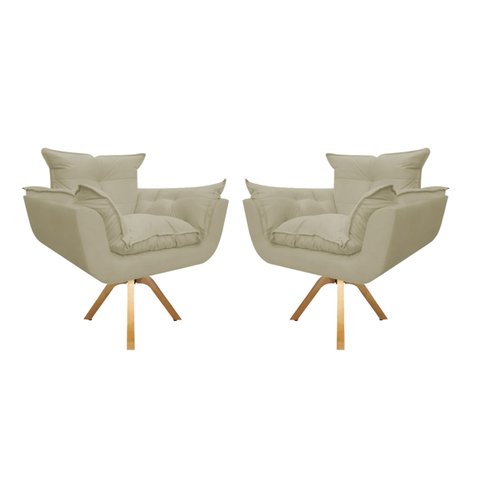 Kit 2 Poltronas Decorativa Opala Base Giratória Suede Bege Mz Decor