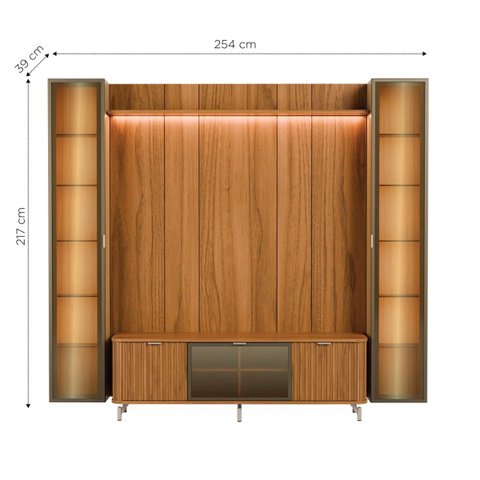 Estante para TV Home Theater 75" 100% MDF 254cm 3 Portas 2 Cristaleiras Vidro Reflecta LED Canella