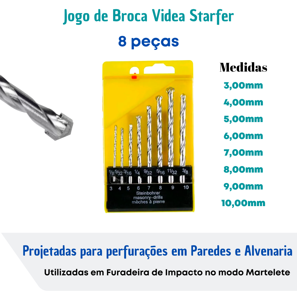 Jogo De Brocas Videa Widea Para Concreto Starfer Kit 8 Peças Madeiramadeira 5700