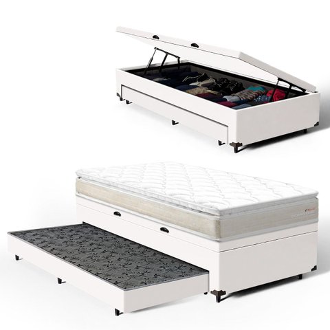 Cama Box Baú com Colchão de Espuma D45 Pillow Top Ortopédico Domo + Auxiliar Solteiro 88cm