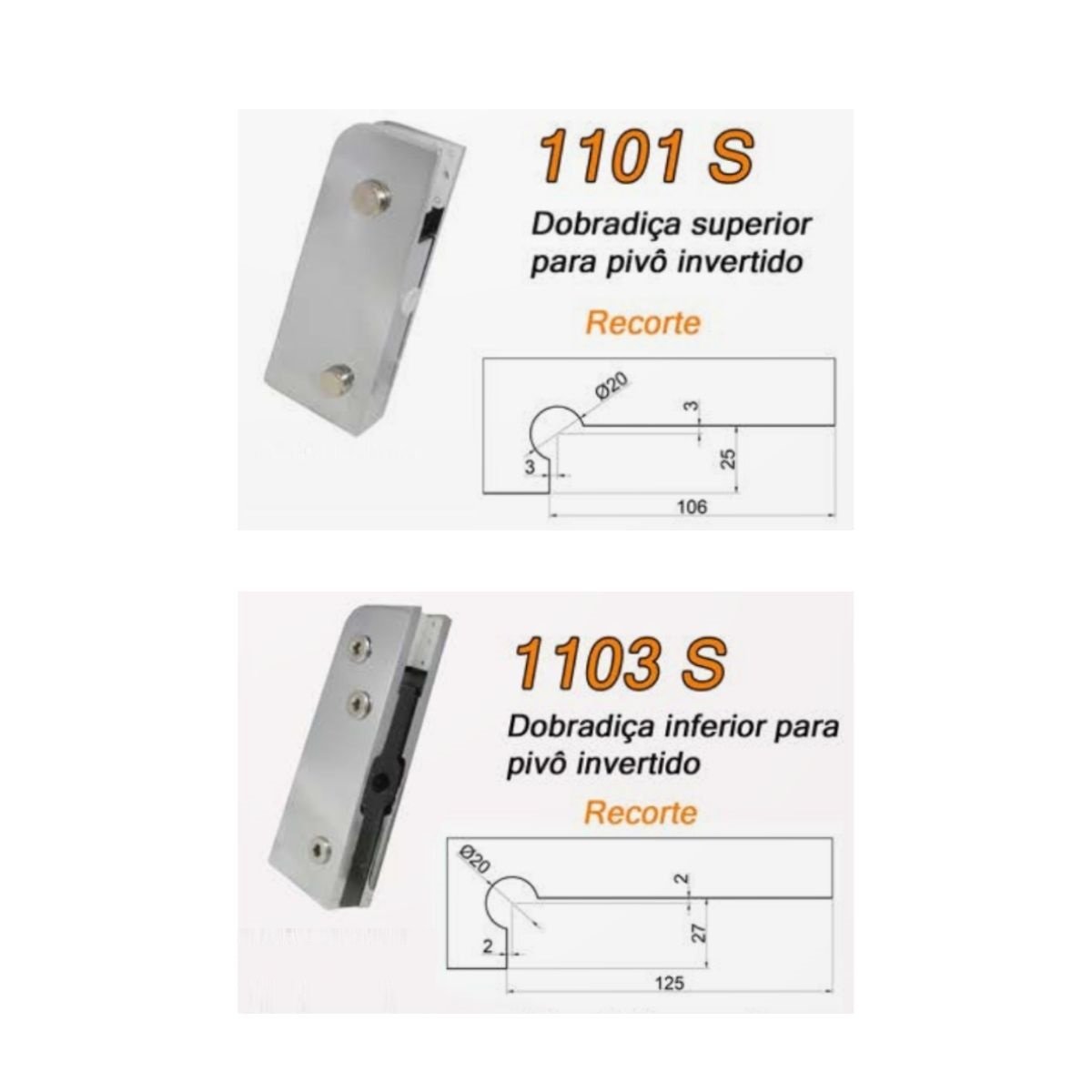 Dobradiça superior + inferior para porta pivotante de vidro temperado blindex - Cromado - 3