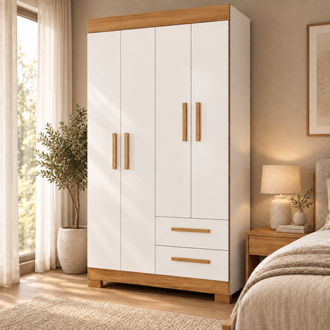 Guarda-Roupa 187cm 4 Portas 2 Gavetas Off White Texturizado - Notável Móveis