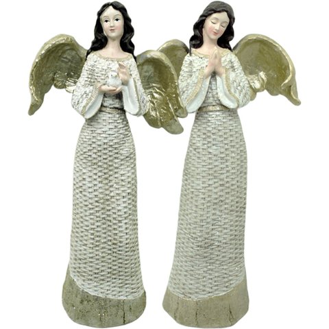 Dupla Anjos Decoração em Resina Glitter Branco Natal de 38cm