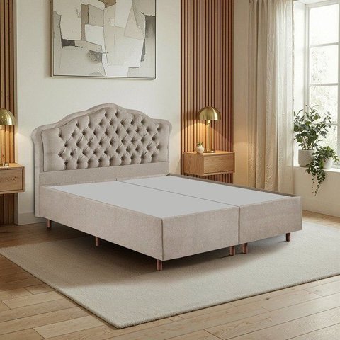 Kit Cama Box Queen + Cabeceira Estofada em Madeira Maciça Curva Provençal com Capitonê Bege Linho