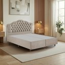 Ver imagem 1 de Kit Cama Box Queen + Cabeceira Estofada em Madeira Maciça Curva Provençal com Capitonê Bege Linho