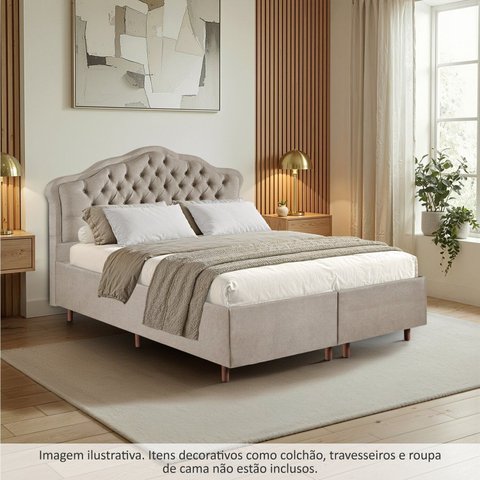 Kit Cama Box Queen + Cabeceira Estofada em Madeira Maciça Curva Provençal com Capitonê Bege Linho