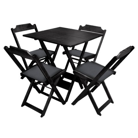 Conjunto de Mesa Dobravel de Madeira 60x60 com 4 Cadeiras Preto Estofado Preto