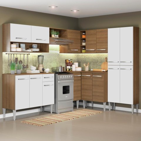 Armário de Cozinha Completa de Canto 417cm Rustic/Branco Emilly Ice Madesa 01