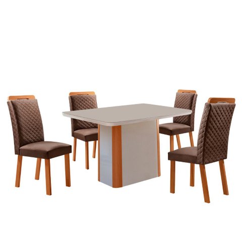 Mesa de Jantar Isadora 120cm Tampo MDF Vidro Canto Copo com 4 Cadeiras Lorena