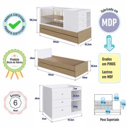 Berço para Quarto Infantil 2 em 1 com Cama Auxiliar 194 Cm Cor:aveiro Oak com Branco - 4