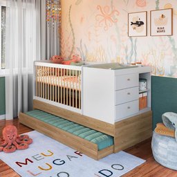 Berço Cama Multifuncional + Cama Auxiliar sem Colchão Linha Bb Aveirooak/branco Bb023 Completa Móvei - 1