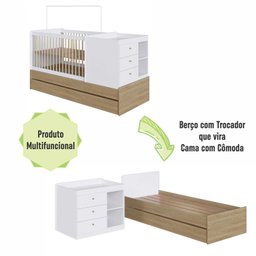 Berço para Quarto Infantil 2 em 1 com Cama Auxiliar 194 Cm Cor:aveiro Oak com Branco - 2