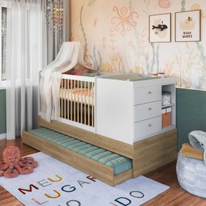 Berço para Quarto Infantil 2 em 1 com Cama Auxiliar 194 Cm Cor:aveiro Oak com Branco