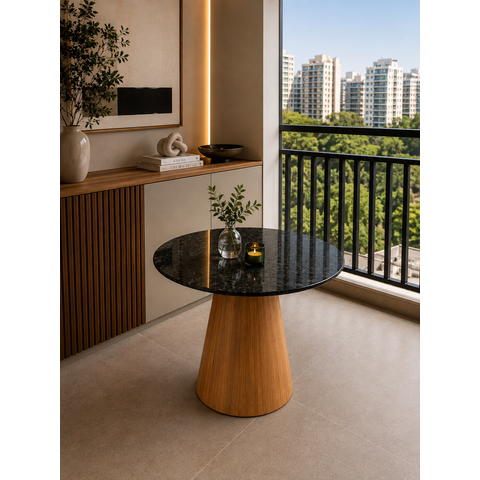 Mesa de Jantar Cone Freijó - Redonda 70cm - Mármore São Gabriel