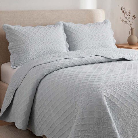 Kit Cobre Leito Mosaico Queen Percal 300 Fios Colcha Matelassê Alto Relevo 3 Peças Cinza