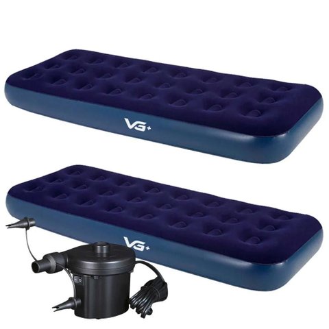 Kit 2 Colchões Infláveis Solteiro Flocked Comfort Azul com Bomba de Ar Elétrica Vg Plus 220v