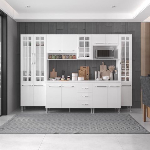 Armário de Cozinha Modulada Completa Viena 15 Portas 3 Gavetas 295cm Branco Fidelita Móveis