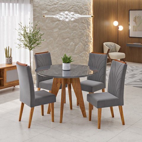 Conjunto Sala de Jantar 4 Lugares Redondo Tampo de MDF/Vidro Vinya Cobre/Vidro Grafite/Cinza - Casa 