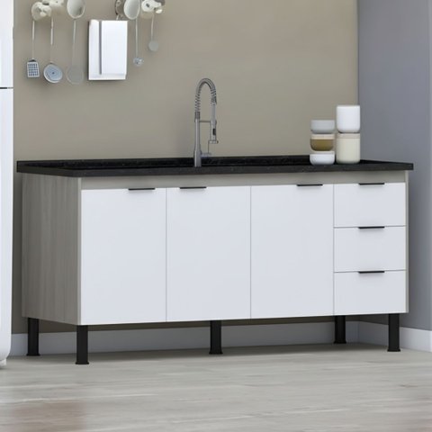 Gabinete Cozinha 3 Gavetas Armário 100% MDF Multiuso 174cm:Madeirado/Branco