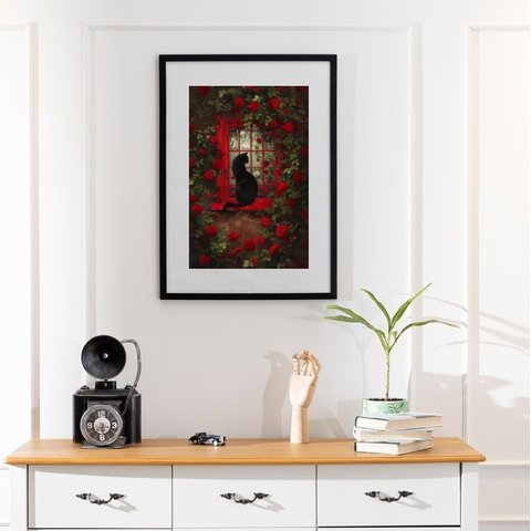 Quadro Gato Rosas Vermelhas - 60x48cm:moldura Preta