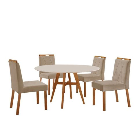 Conjunto Sala de Jantar Mesa Atenas 110cm Off White com 4 Cadeiras Bela Veludo Bege