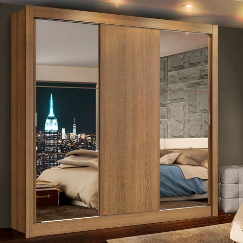 Guarda-Roupa Casal Madesa Lyon 3 Portas de Correr com Espelhos 2 Gavetas Rustic Cor:Rustic