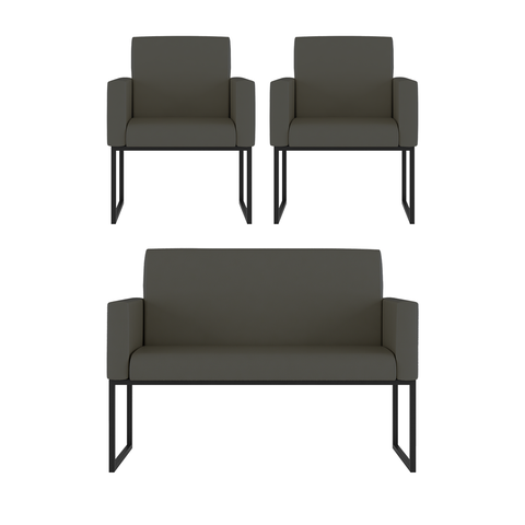 Kit 2 Poltrona + Sofá 2 Lugares com Base Ferro Preta Courino Cor:cinza