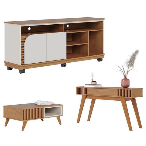 Rack Bancada Jurerê 1.5 com Mesa de Centro Jeri Freijó Off White Matte e Aparador Riviera Freij